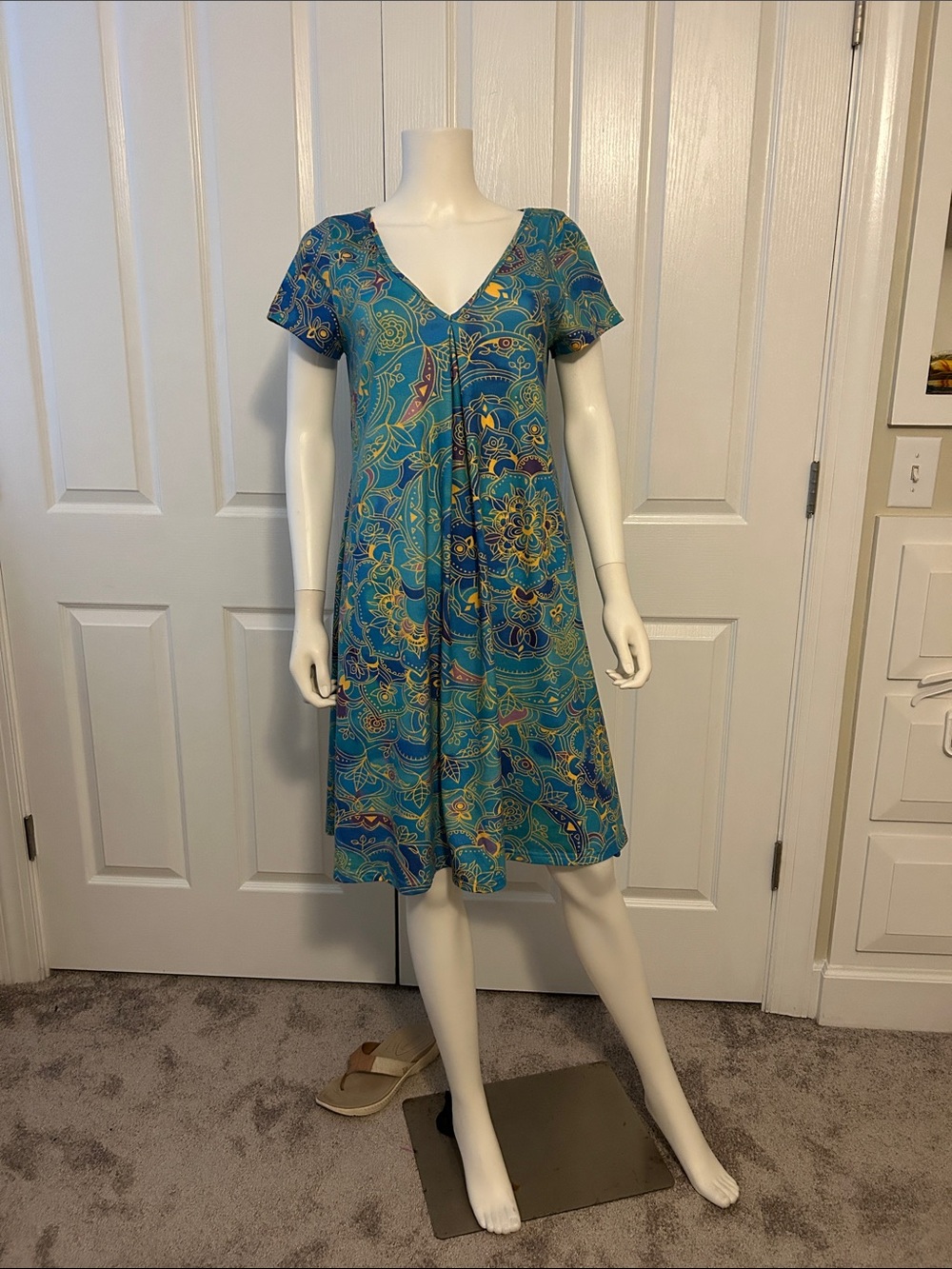 V-Neck Teal Floral Swing Dress - Women